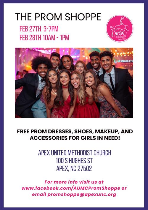 Free Prom Shopping for Girls in need in Apex on Feb 27th and 28th. Visit AUMC Prom Shoppe on Facebook for more info